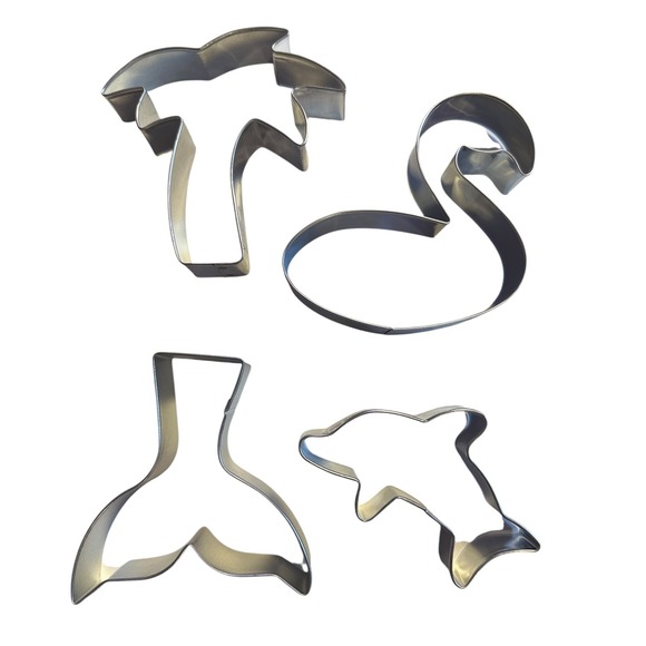 Tropical Cookie Cutters Set 4pc Palm Tree Swan Dolphin Tail Metal Baking - Picture 1 of 5